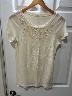 J. Crew Cream Embellished Scoop Neck Tee